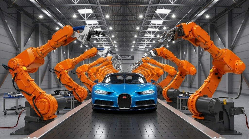 Bugatti on assembly line surrounded by robots following a common protocol