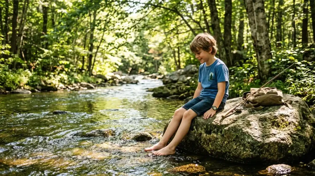 boy sitting on river rock Gemini Image Prompts For Boys