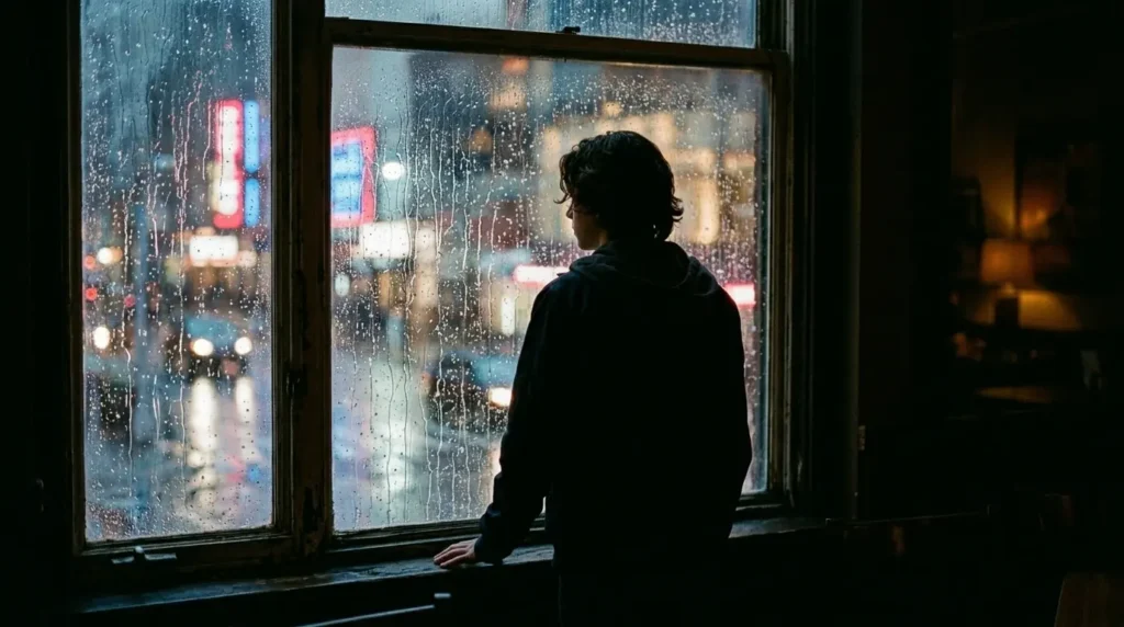teen looking out window during rain Gemini Image Prompts For Boys