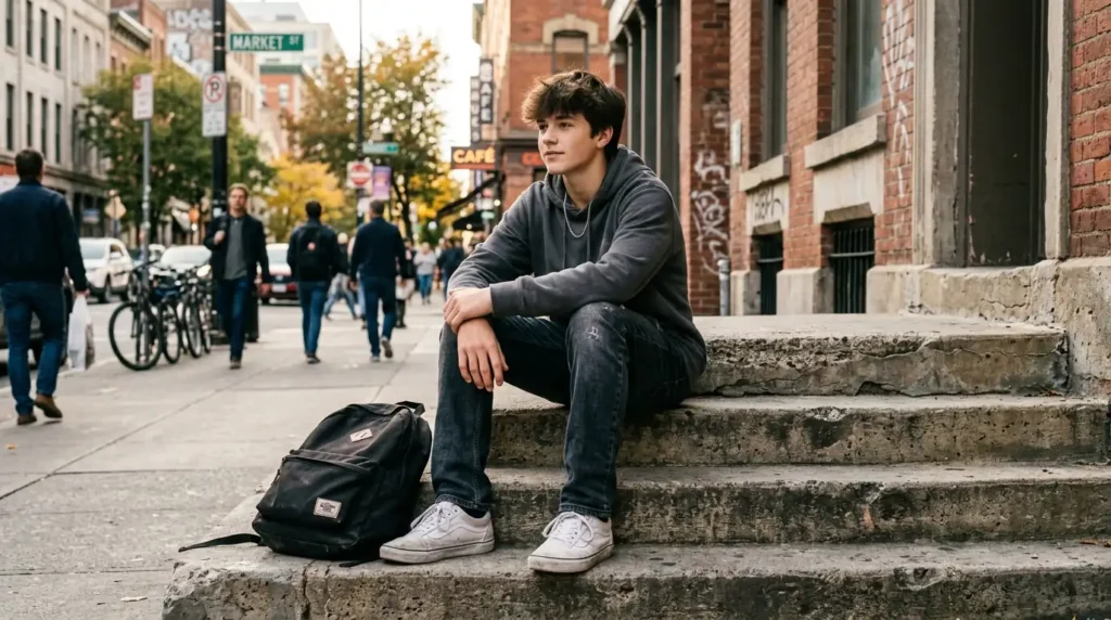 teen boy sitting on steps Gemini Image Prompts For Boys