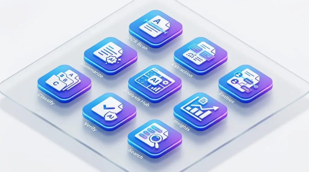 Grid of 9 AI document analysis tool app icons on frosted glass surface representing top business document analyzer platforms AI Business Documents Analysis