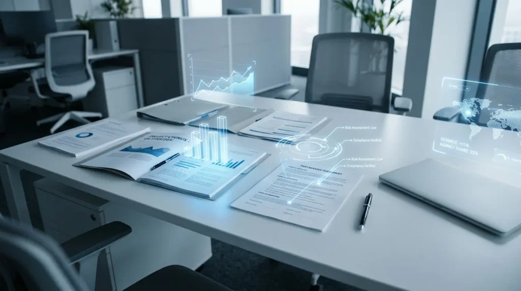 AI business document analysis tools analyzing contracts and reports with holographic data visualization on modern office desk