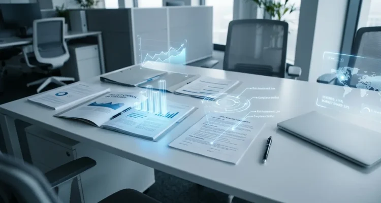 AI business document analysis tools analyzing contracts and reports with holographic data visualization on modern office desk