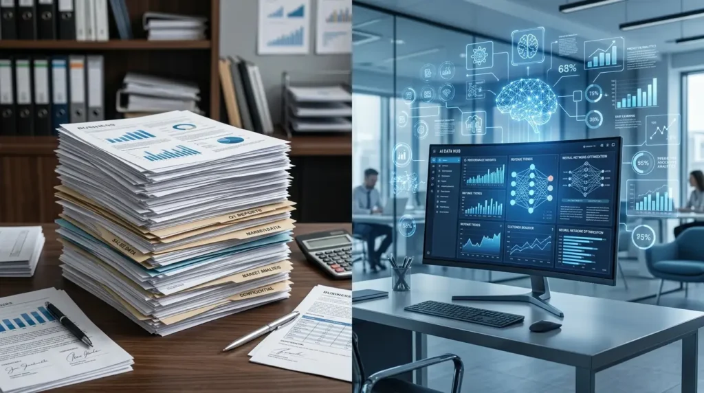Before and after comparison of paper business documents transformed into AI-powered digital document analysis with charts and insights AI Business Documents Analysis