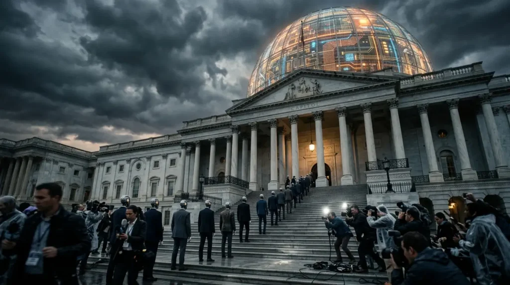 Capitol building with translucent circuit-board dome and humanoid robots queuing, symbolizing AI Transformation Is a Problem of Governance