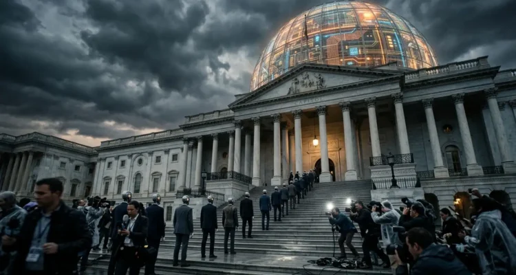 Capitol building with translucent circuit-board dome and humanoid robots queuing, symbolizing AI Transformation Is a Problem of Governance