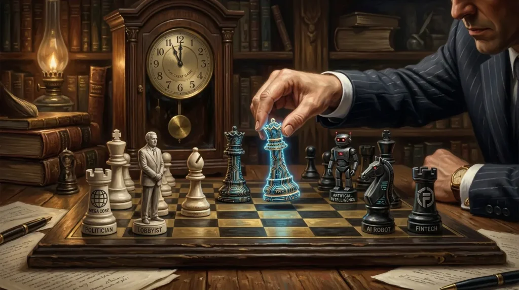 Chessboard with politicians, corporate logos, and AI robots as pieces, metaphor for AI governance power struggles