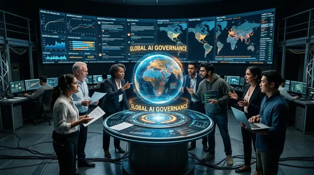 Policymakers and technologists arguing in AI control room around holographic globe labeled Governance, AI Transformation Is a Problem of Governance