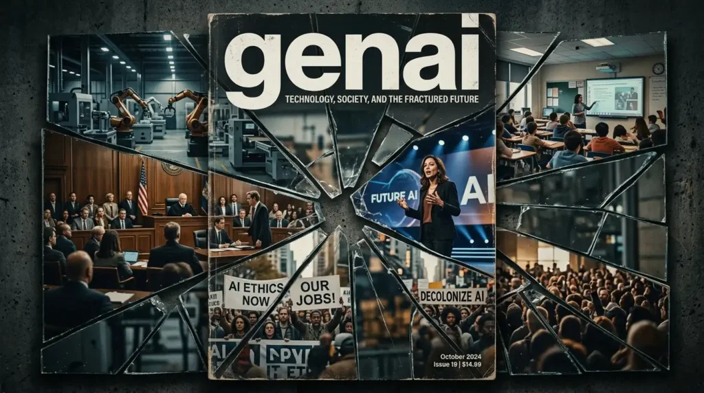 Fragmented mirror reflecting factory, courtroom, classroom, protestors, and tech CEO, symbolizing AI Transformation Is a Problem of Governance