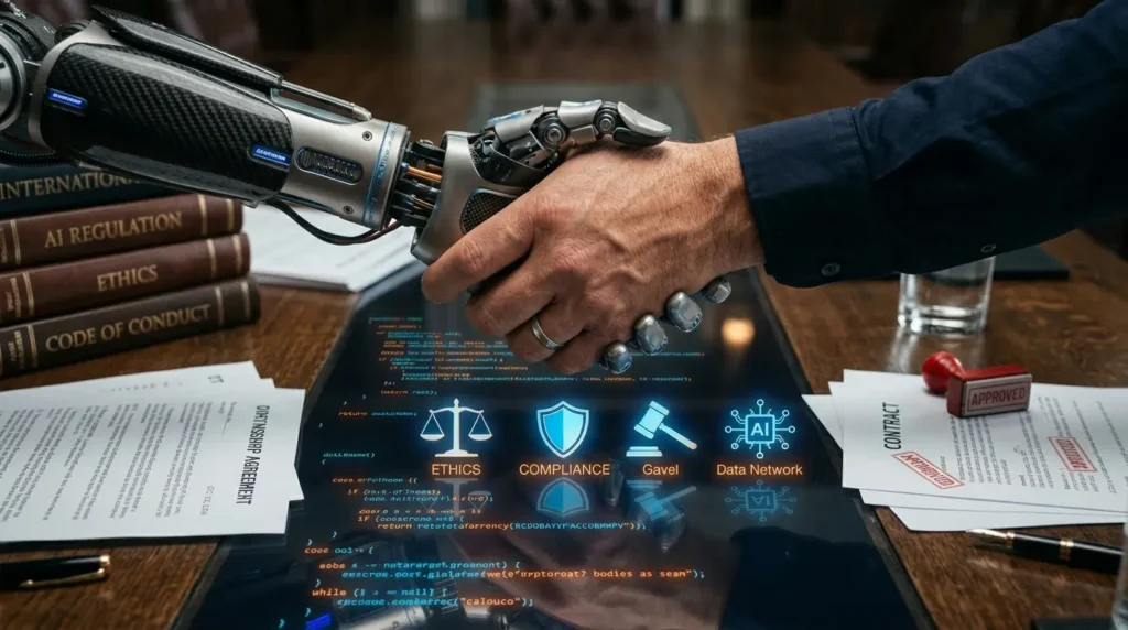Human and robotic hands clasped over legal documents and policy books, illustrating AI governance and regulation
