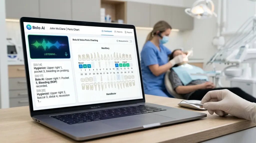 Bola AI voice perio charting interface showing real-time dental measurements and voice transcription AI bola