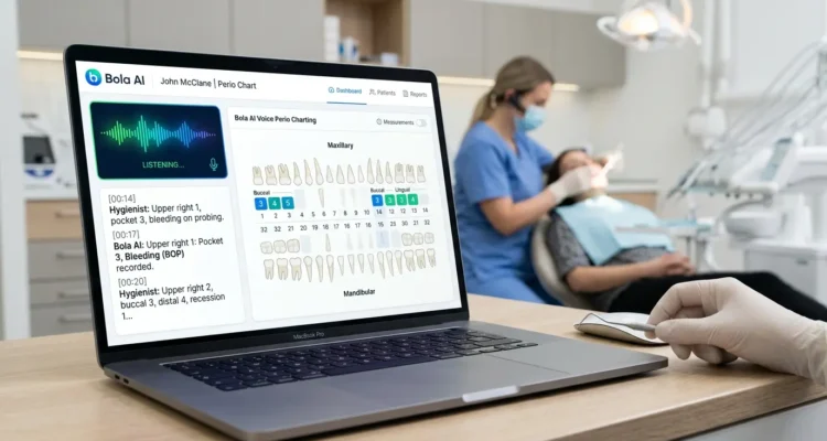 Bola AI voice perio charting interface showing real-time dental measurements and voice transcription AI bola