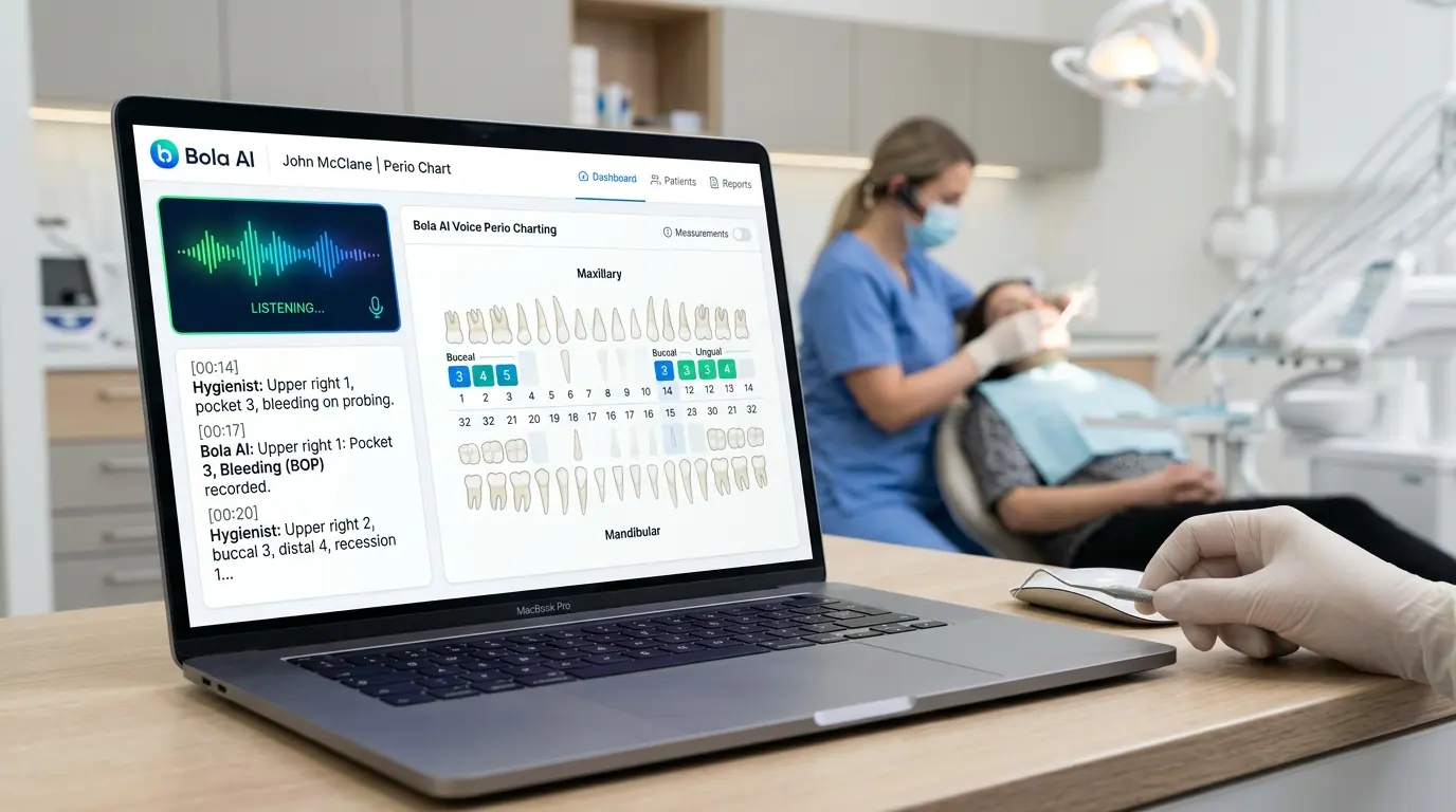 Bola AI voice perio charting interface showing real-time dental measurements and voice transcription AI bola