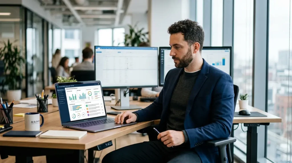 Professional business analyst viewing AI document analysis dashboard on laptop in modern office with multiple monitors AI Business Documents Analysis