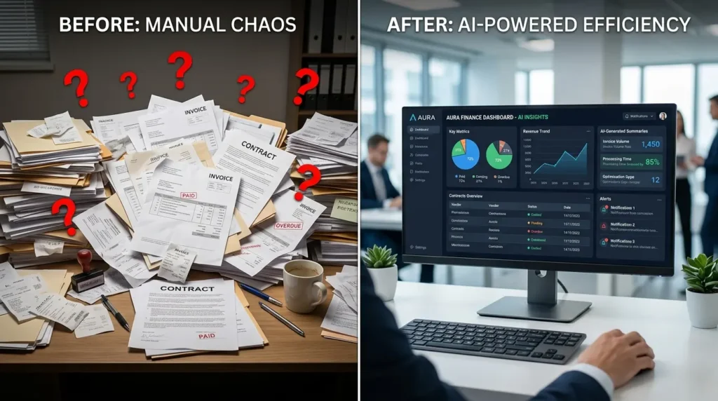 Messy paper invoices and contracts transformed into clean AI-generated digital dashboard with document analysis insights and summaries AI Business Documents Analysis