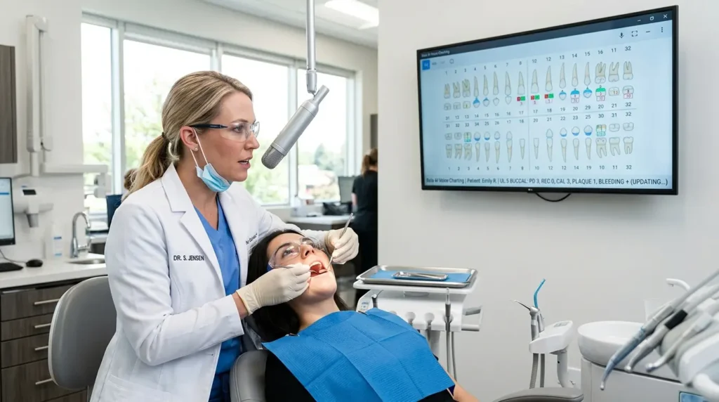 Dentist using Bola AI voice commands for hands-free periodontal charting during dental exam ai bola
