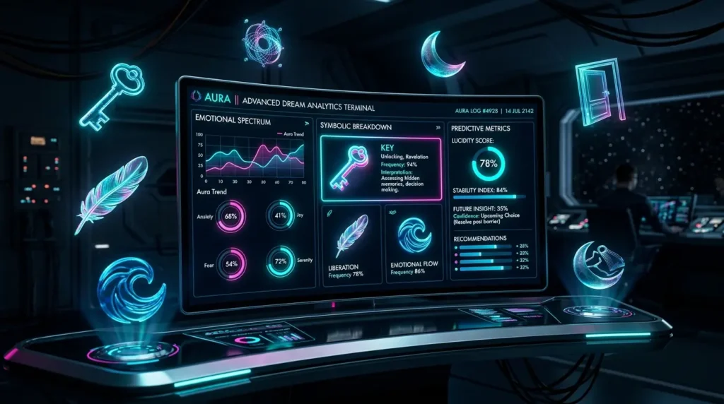 Futuristic dream interpreter AI dashboard showing dream interpretation results with emotion graphs and holographic dream icons