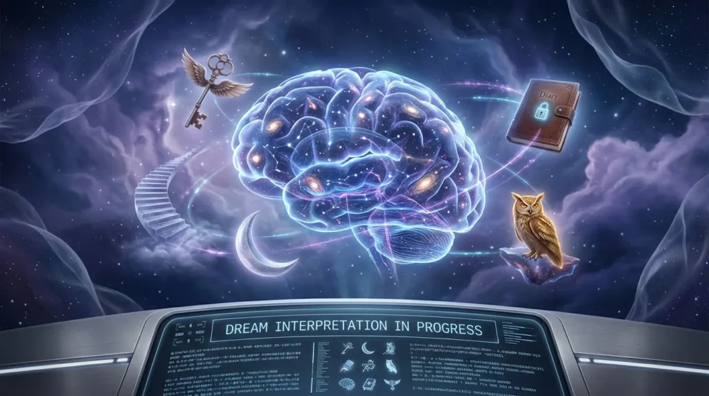 Surreal dream landscape with glowing orbs and holographic AI interface analyzing dream symbols for dream interpreter AI tools