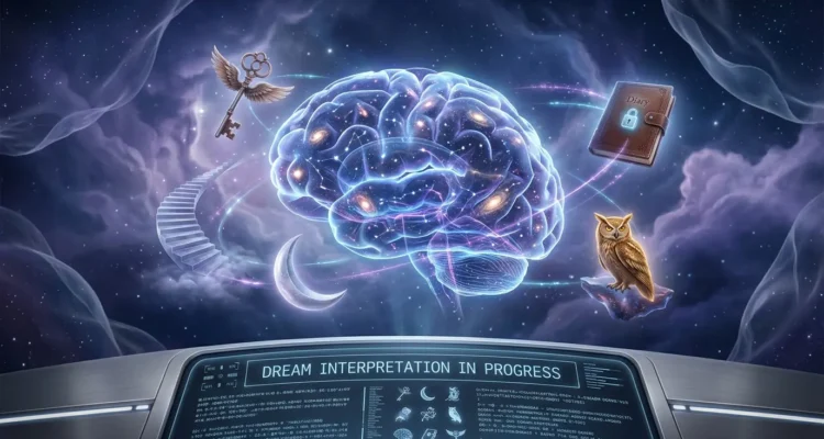Surreal dream landscape with glowing orbs and holographic AI interface analyzing dream symbols for dream interpreter AI tools