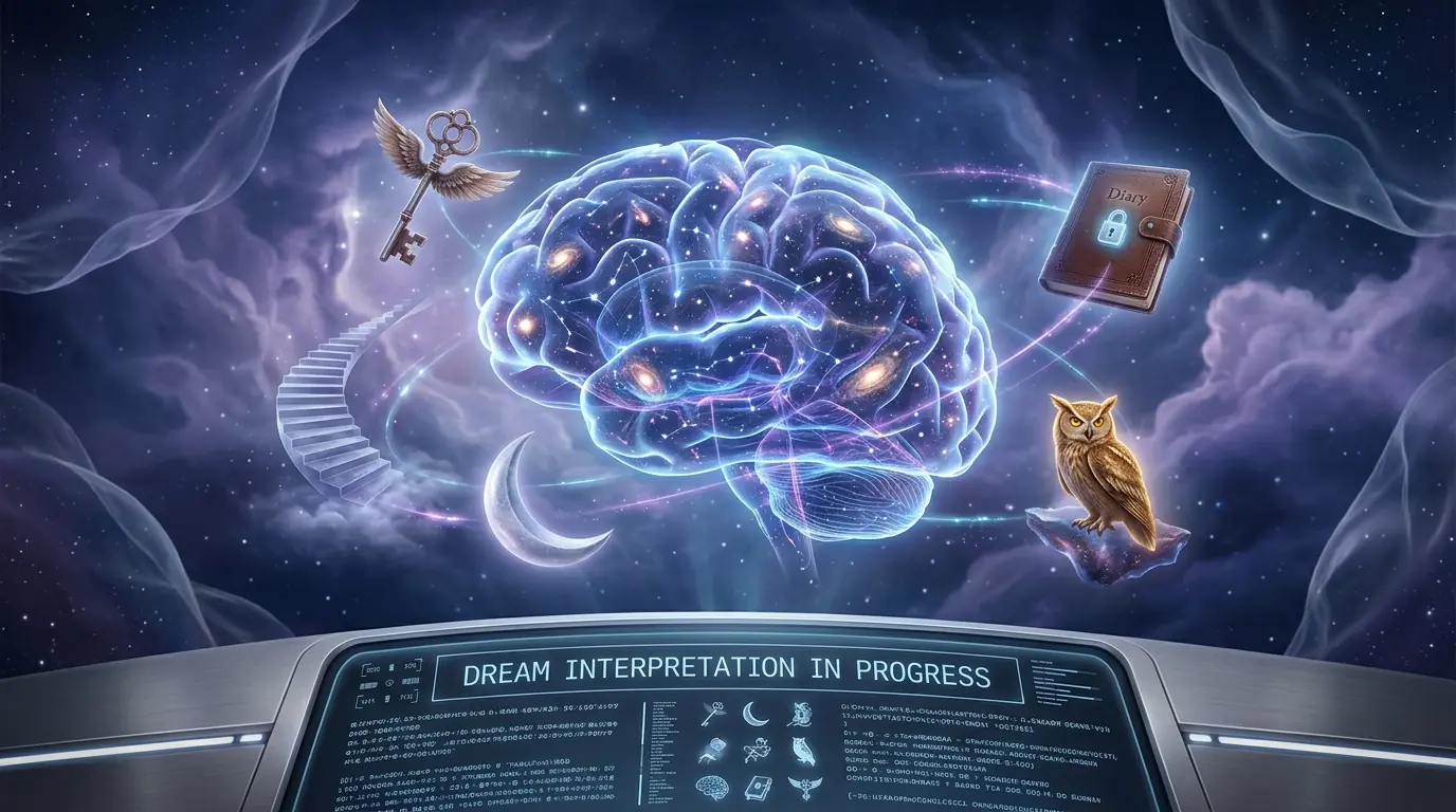 Surreal dream landscape with glowing orbs and holographic AI interface analyzing dream symbols for dream interpreter AI tools