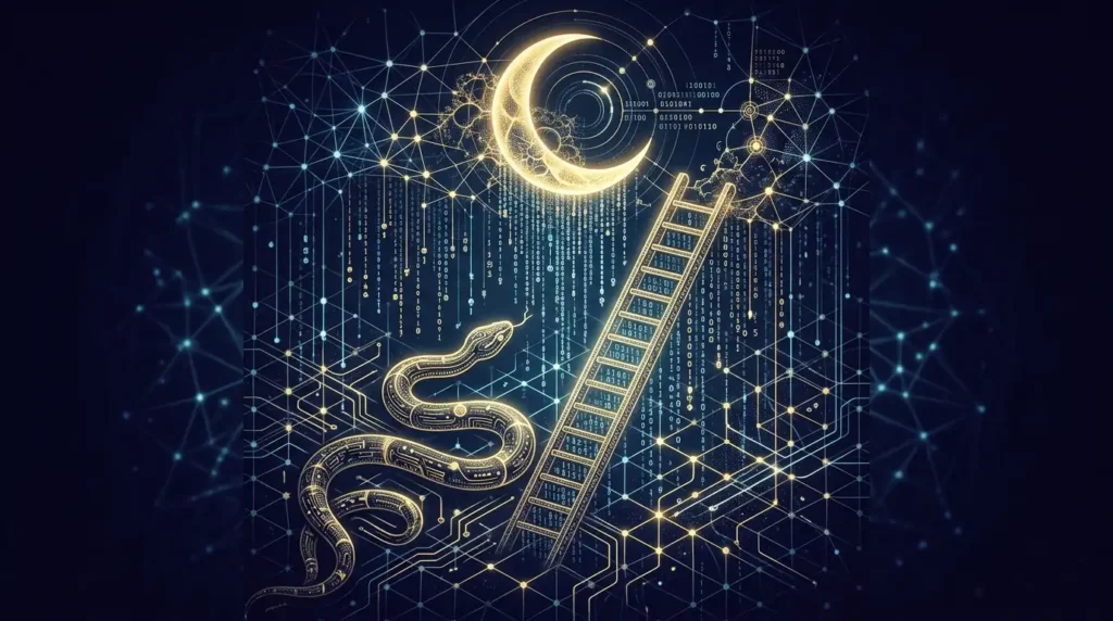 Abstract dream symbols interwoven with glowing AI neural network grid for dream interpreter ai tools