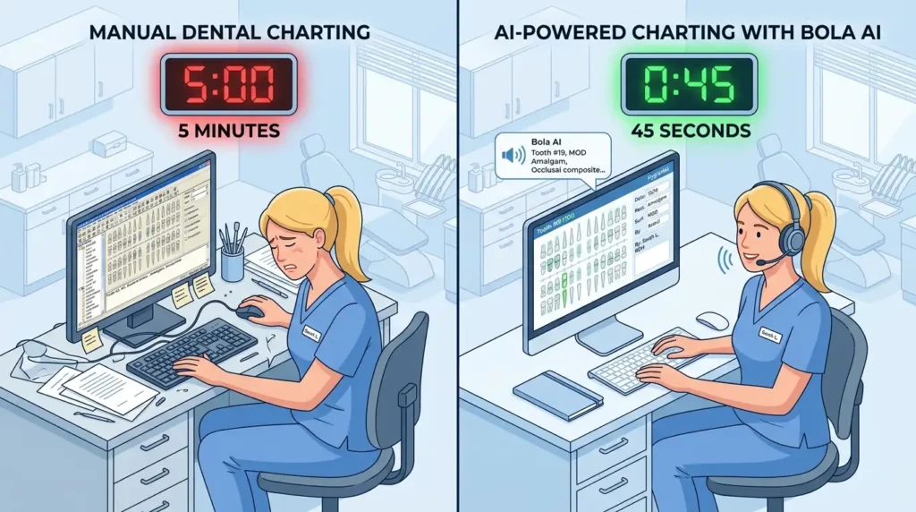 Comparison of manual dental charting vs Bola AI voice charting workflow speed and efficiency