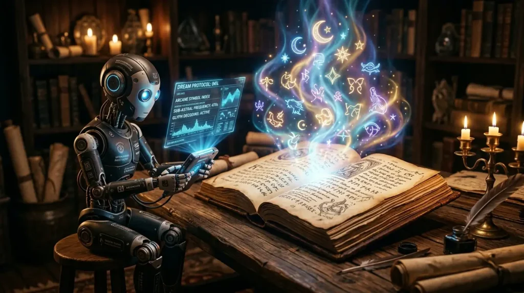 Ancient mystical book with glowing dream symbols and humanoid AI robot analyzing dreams with holographic scanner