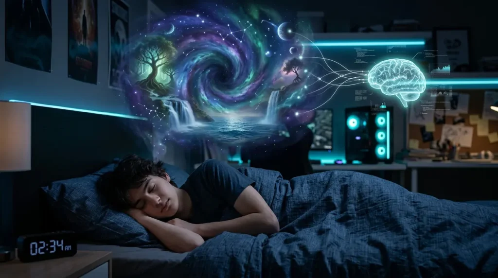 Person sleeping with cosmic dream vortex and AI brain icon analyzing dream patterns for accurate dream interpreter AI